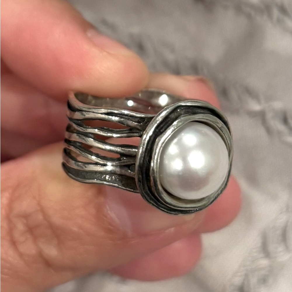 Vintage Silpada "Mermaid" Pearl Wide Band Sterling Silver 925 Ring, Size 6.5 US